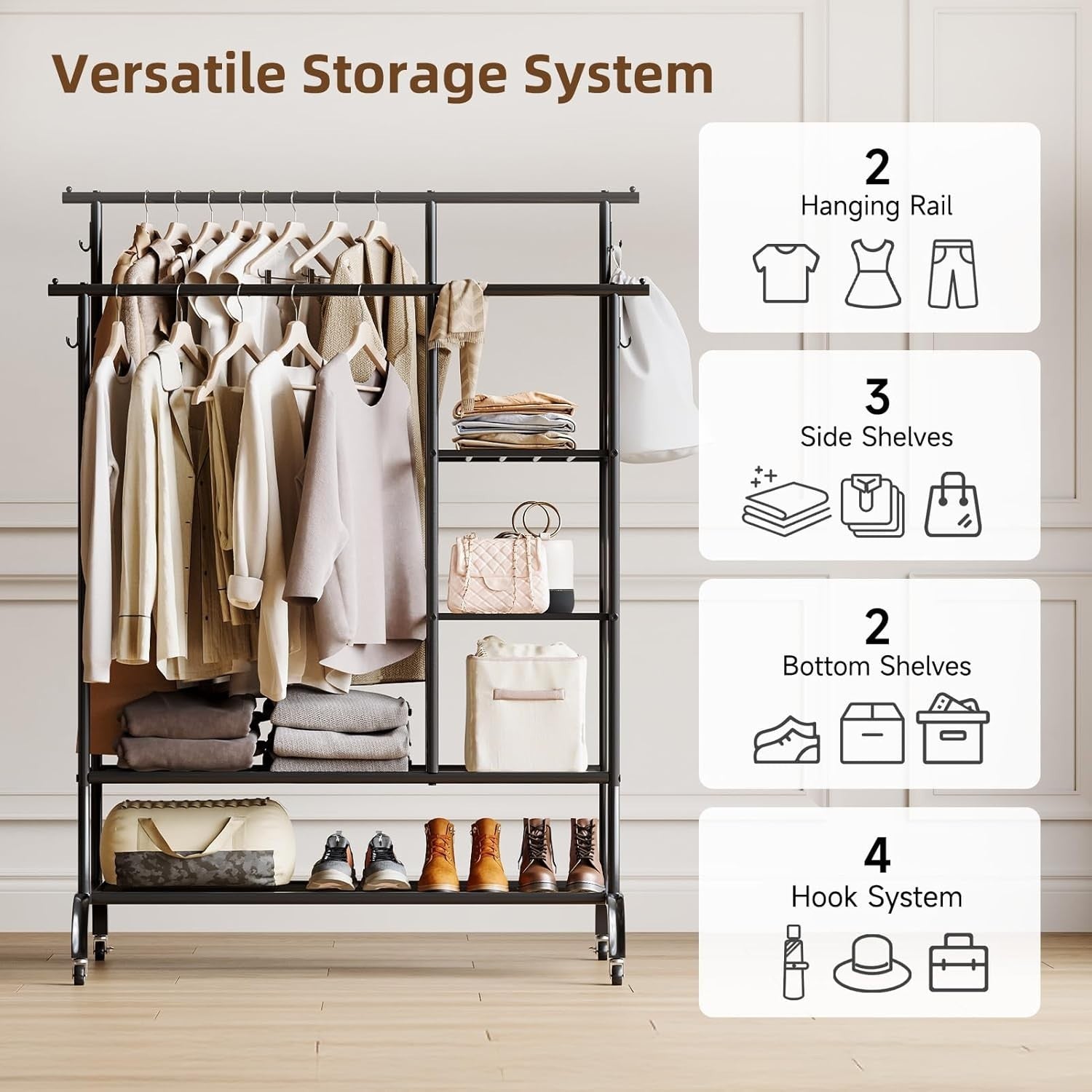 Heavy Duty Double Clothes Rail with Shelves & Wheels Black