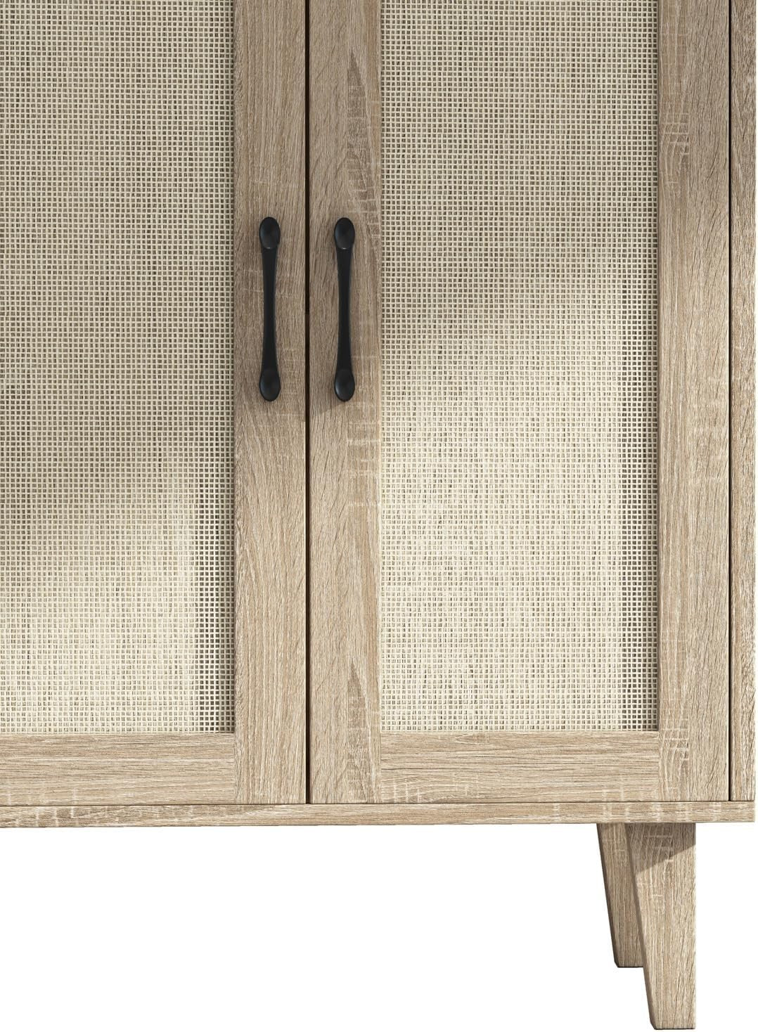 Natural Wood Buffet Storage Cabinet with Rattan Doors Adjustable Shelves