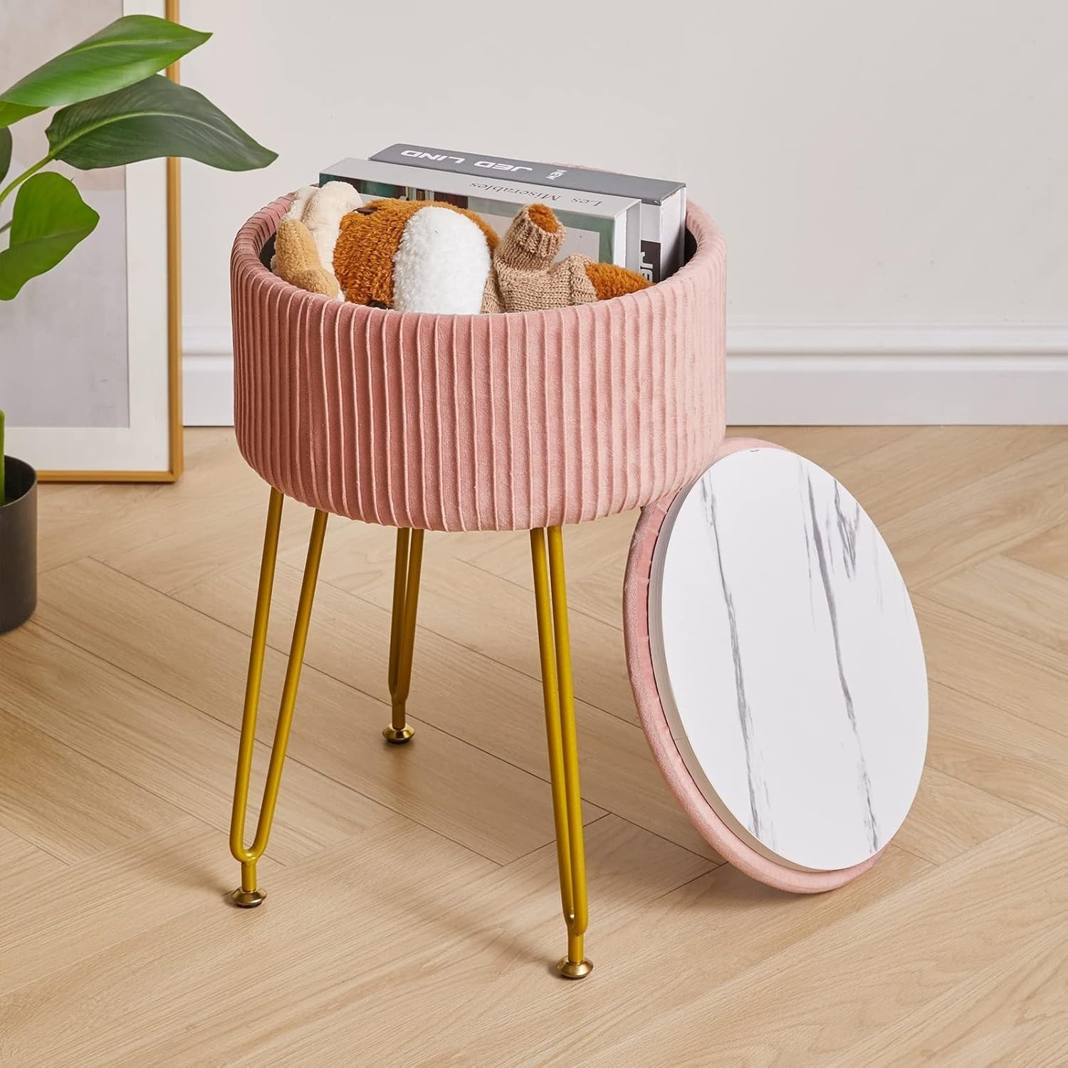 Pink Velvet Storage Footrest Ottoman – Golden Leg Vanity Stool Side Table