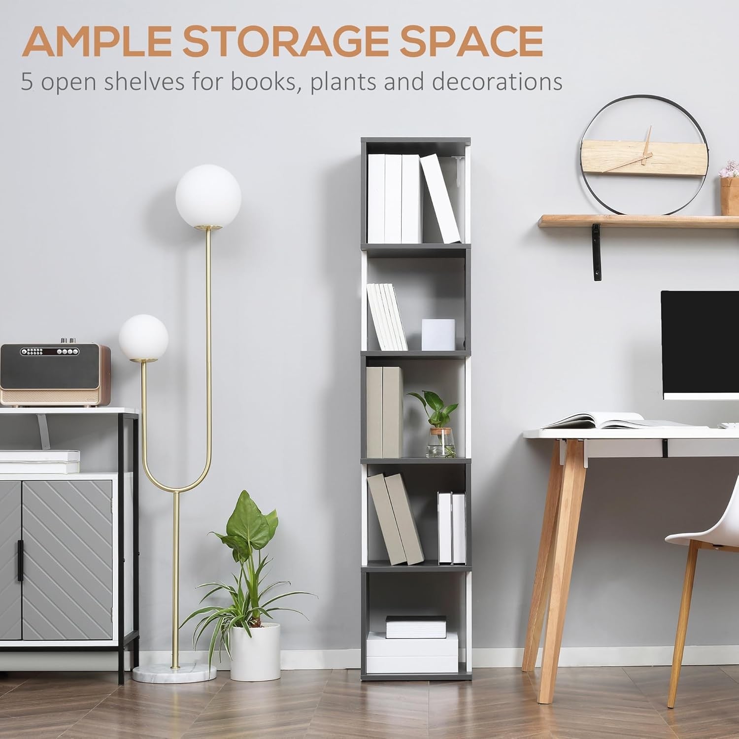 Modern 5-Tier Bookcase Storage Unit with Open Shelves – White & Grey