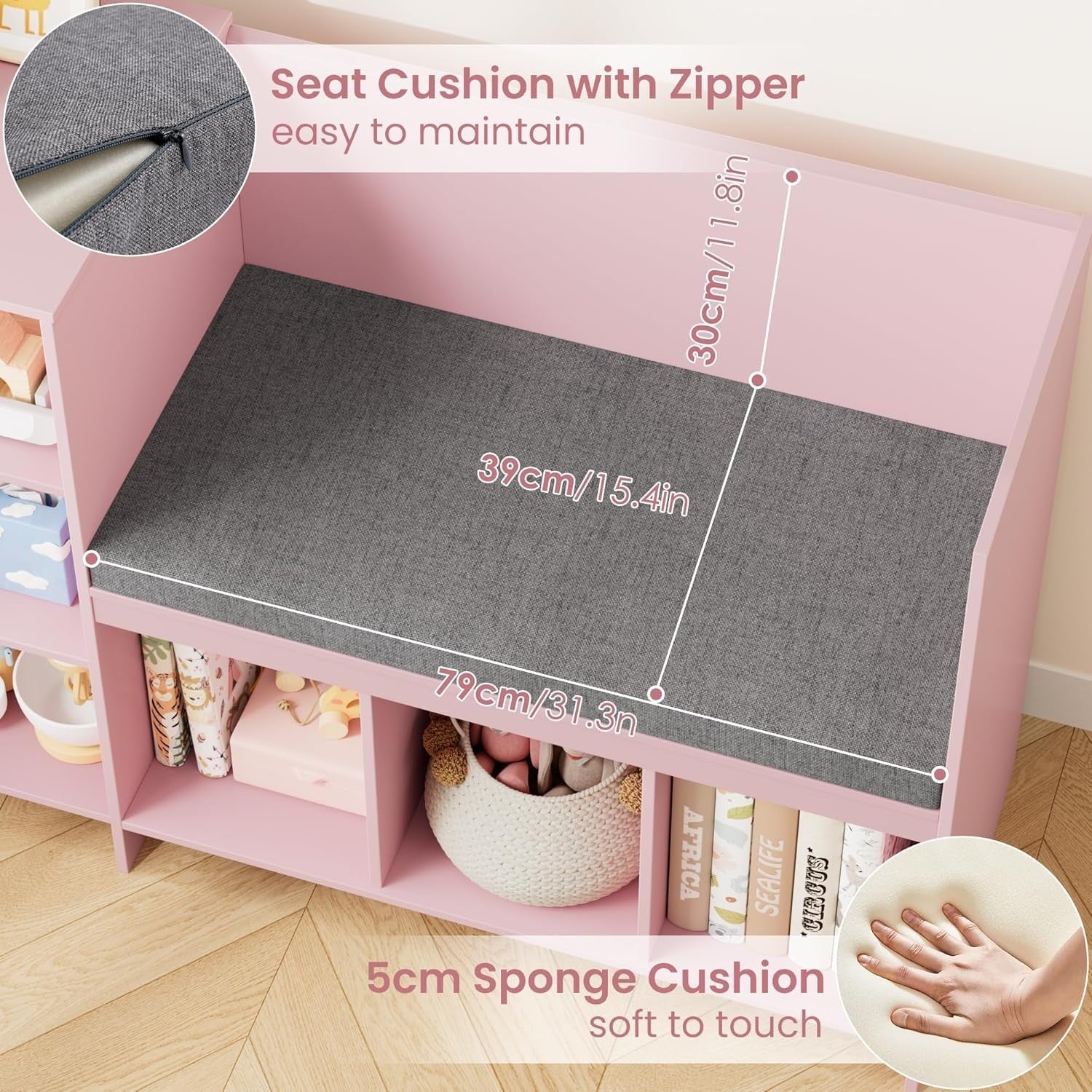 Kids Bookcase with Seat Cushion 6 Cube Toy Storage Shelf Bench Pink 110cm
