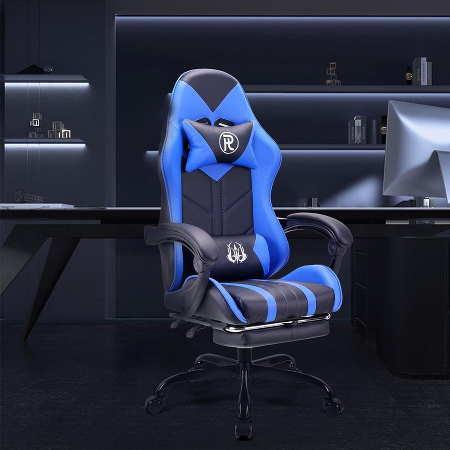 Ergonomic Gaming Chair Swivel Faux Leather Recliner Racing Office Footrest Blue