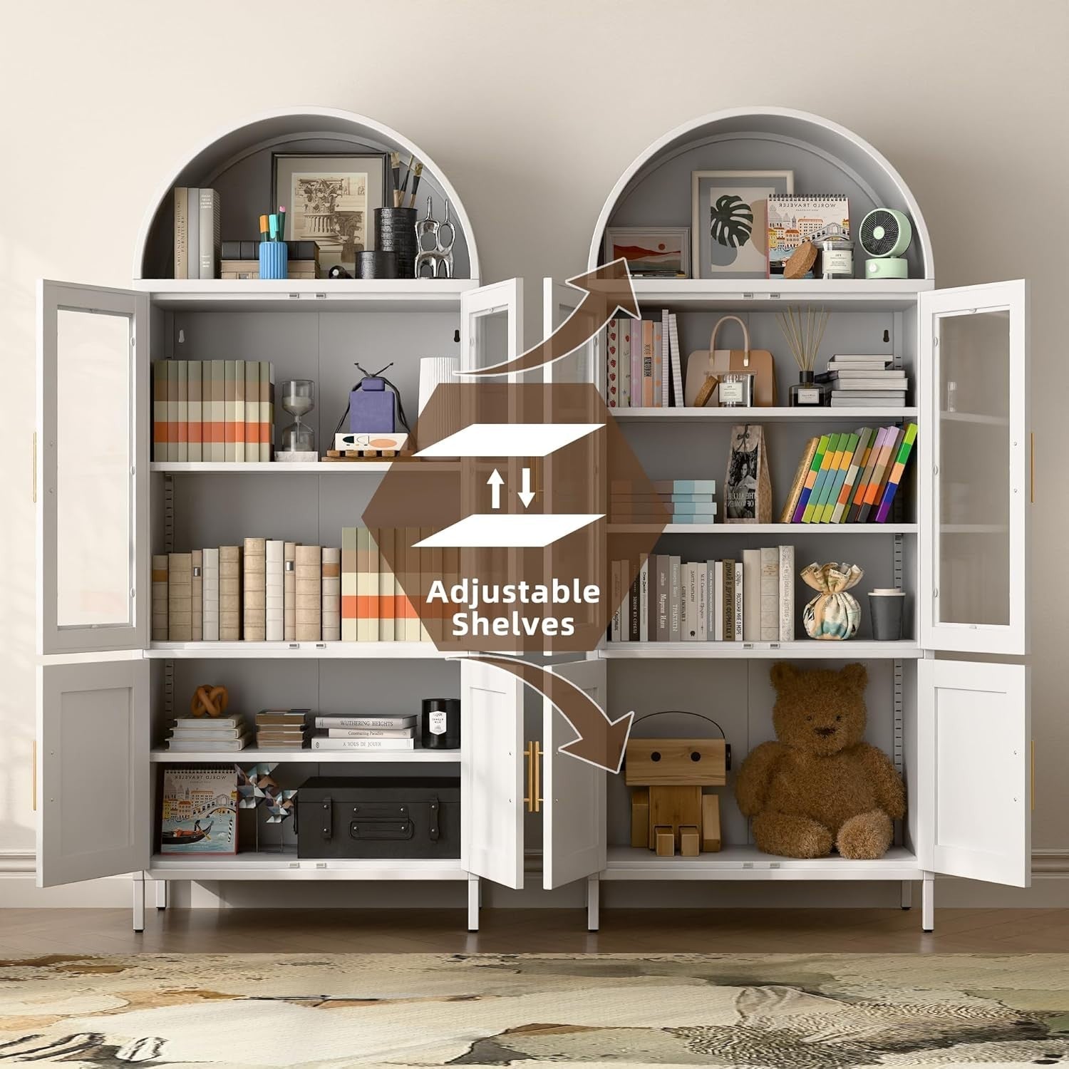 Tall White Kitchen Pantry Cabinet Glass Doors Metal Storage 185cm Modern