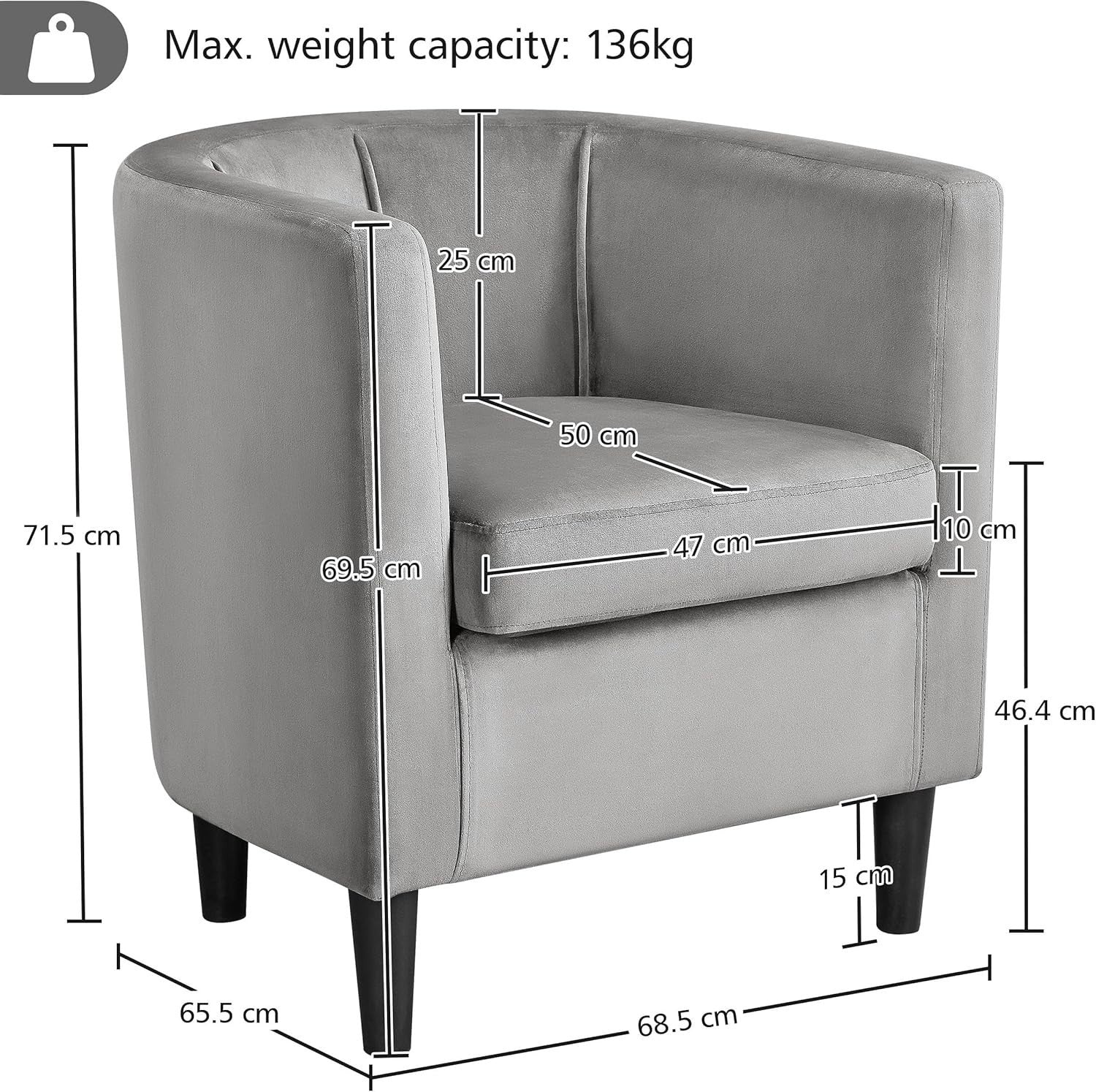 Grey Velvet Accent Tub Chair Armchair Lounge Seat Sofa Modern Home
