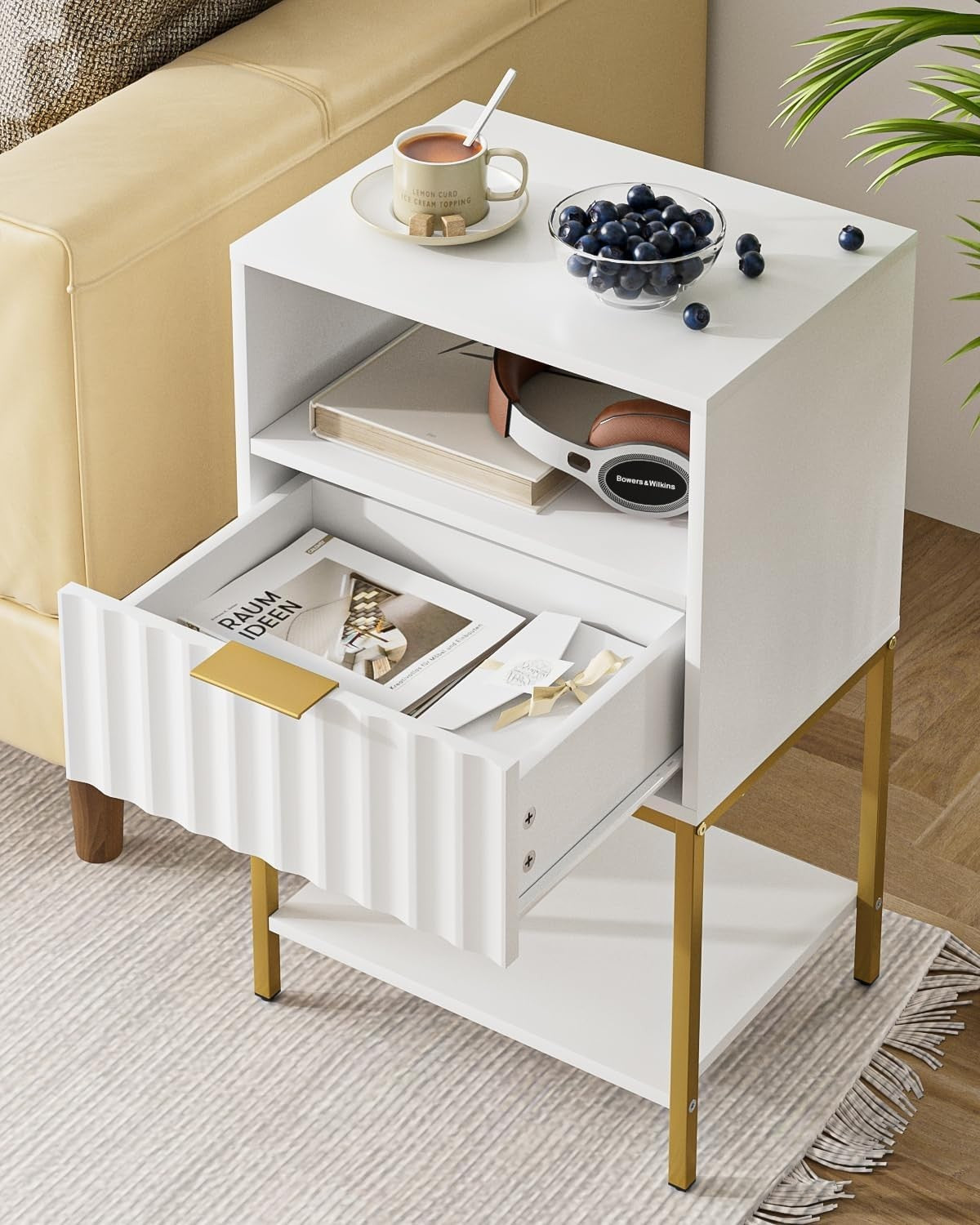 White Bedside Table with Gold Frame – Modern 3-Tier Storage Side Table