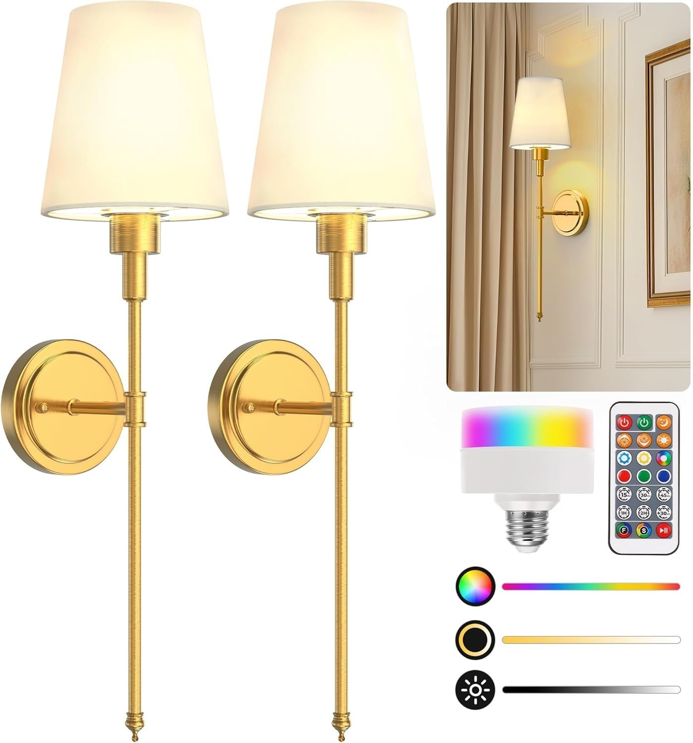 Wireless Battery Operated Wall Sconces Set of 2, Remote & Dimmable