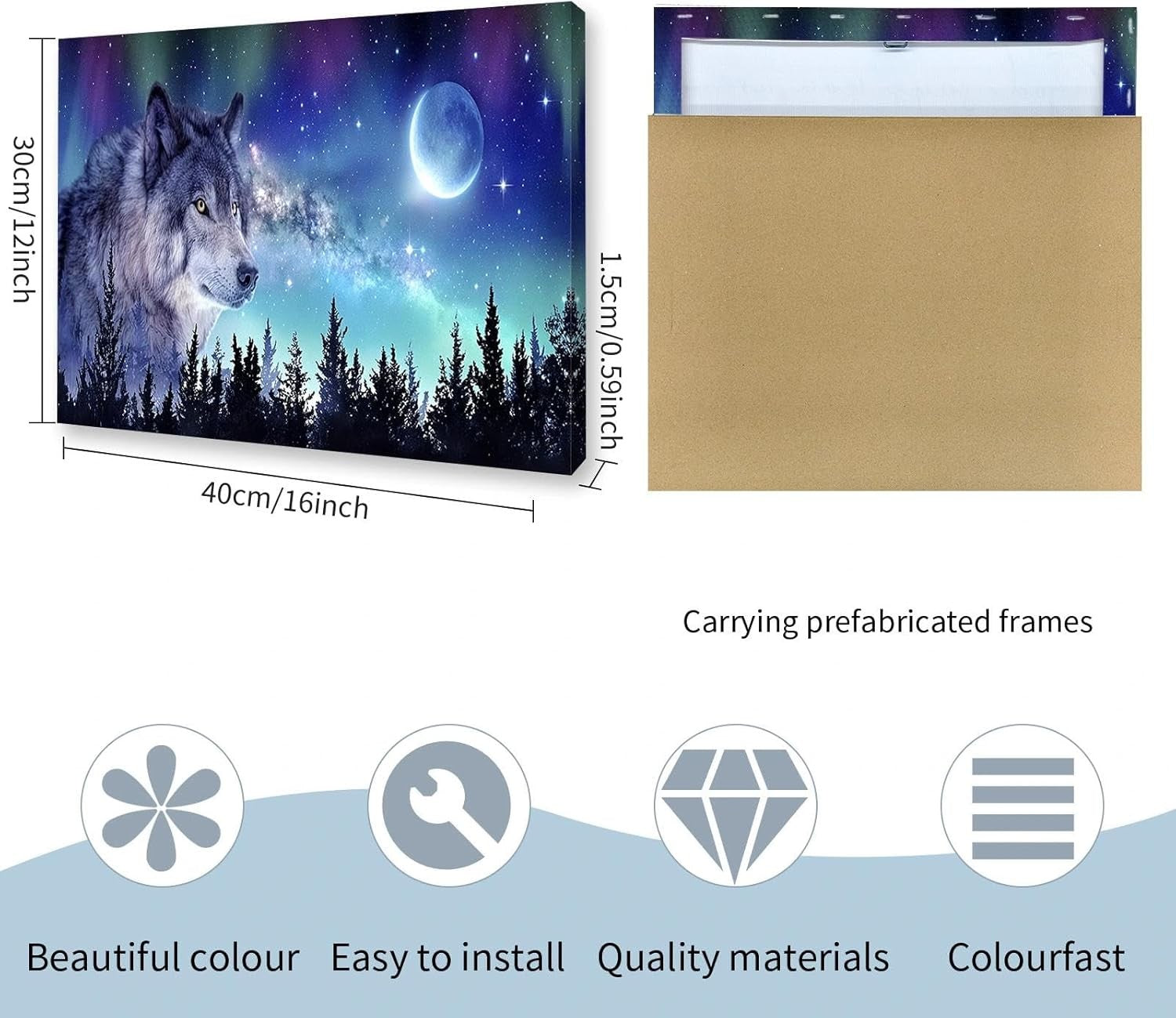 12×16″ Wolf Moon & Northern Lights Framed Canvas Wall Art – Ready Hang
