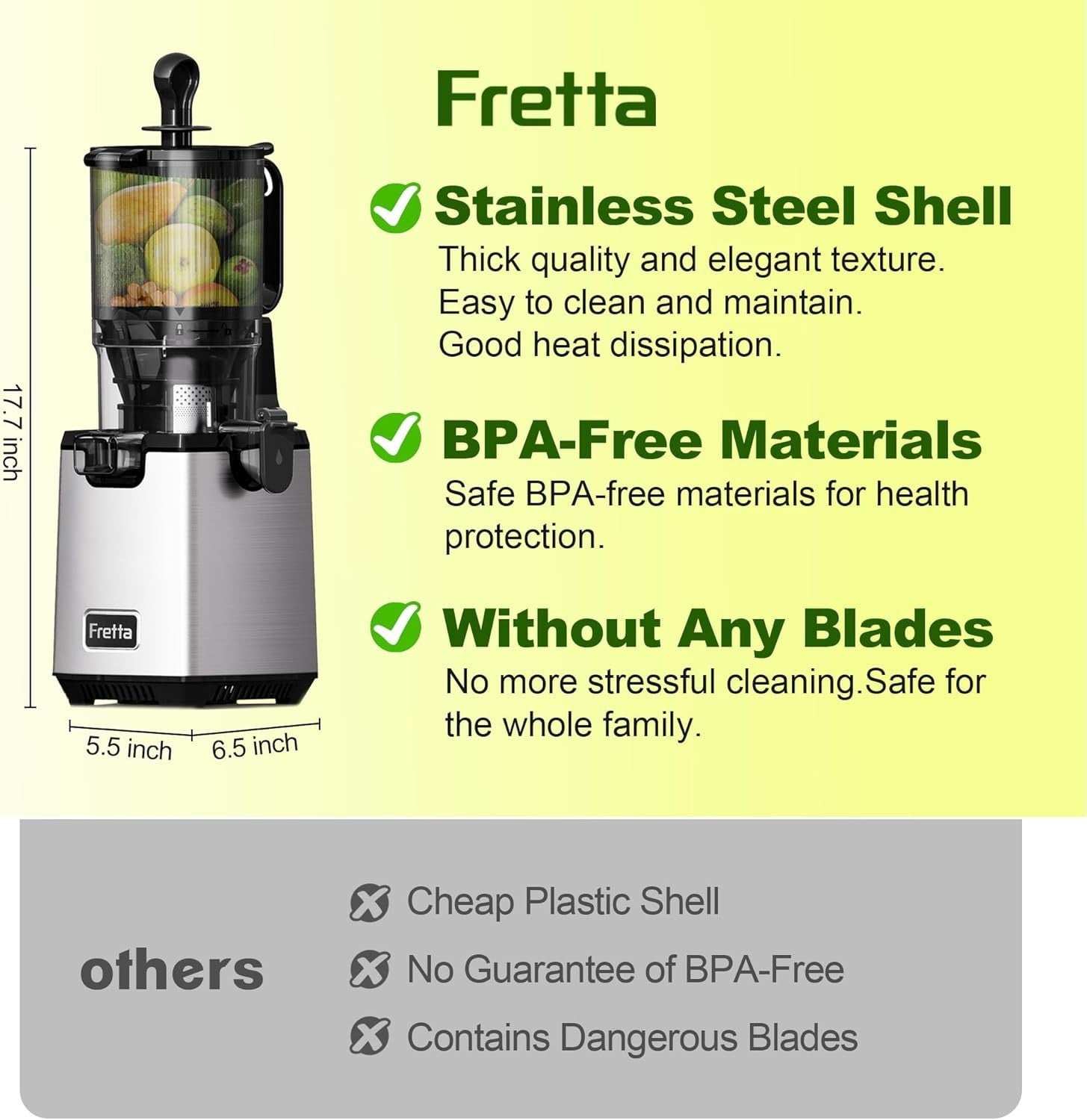 Cold Press Juicer 135mm Self Feeding Whole Fruit 1.8L 250W Quiet BPA