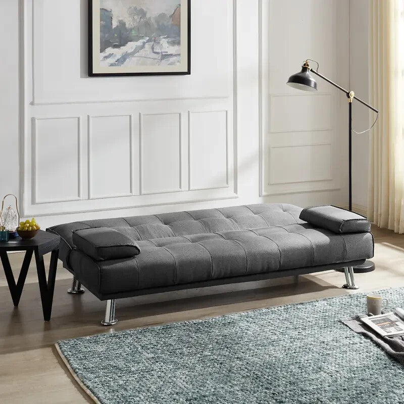 3 Seater Charcoal Sofa Bed Fabric Clic Clac Tufted Chrome Legs Modern Grey