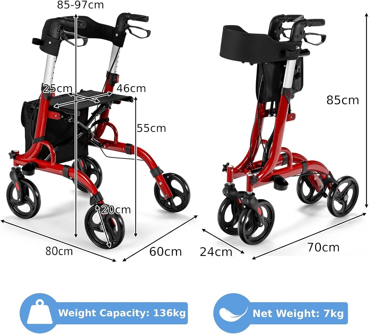 Lightweight Rollator Walker Seat 4 Wheel Folding Adjustable Mobility Aid