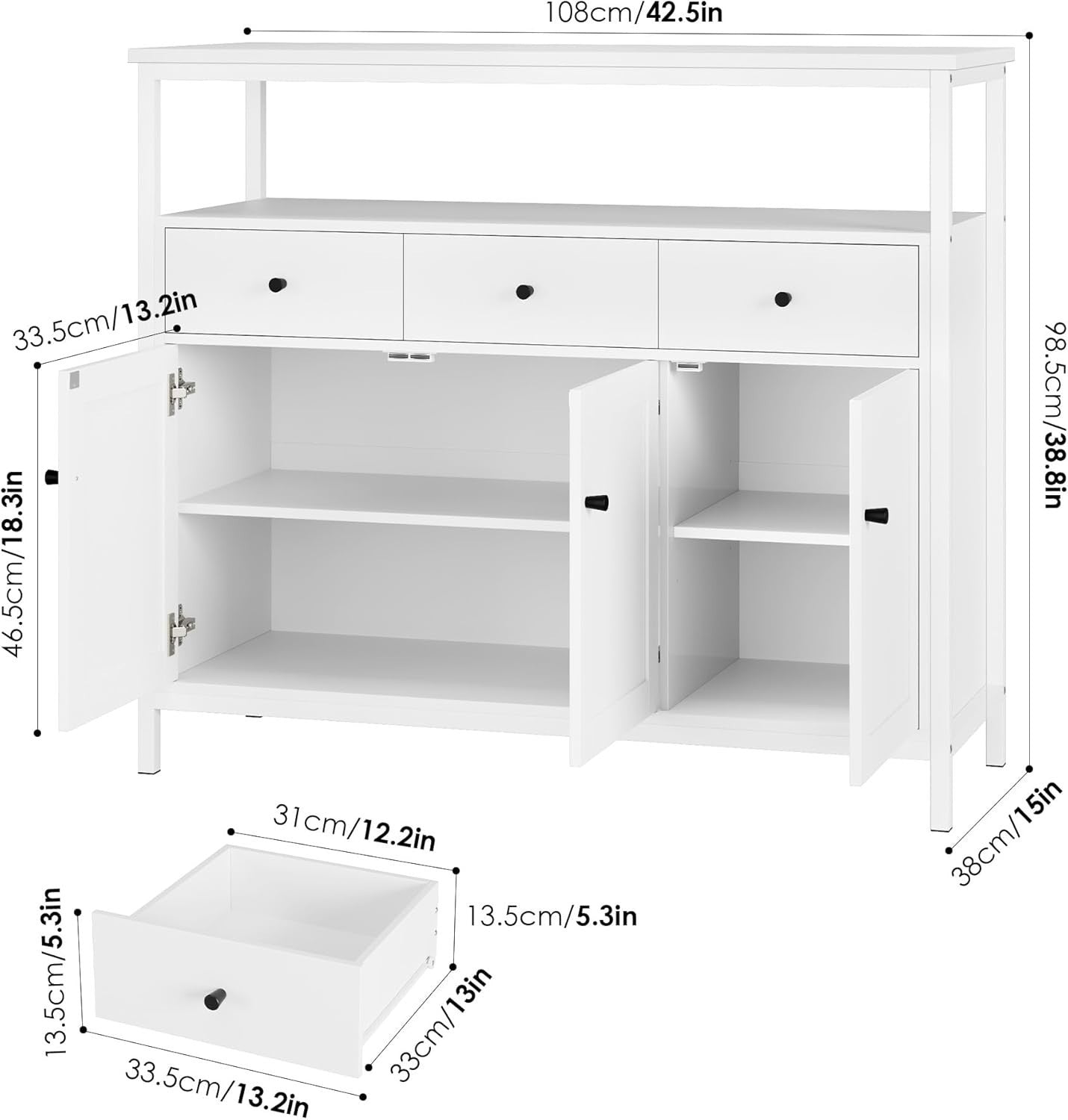 White Sideboard Storage Cabinet 98.5cm Kitchen Cupboard Drawers Shelves