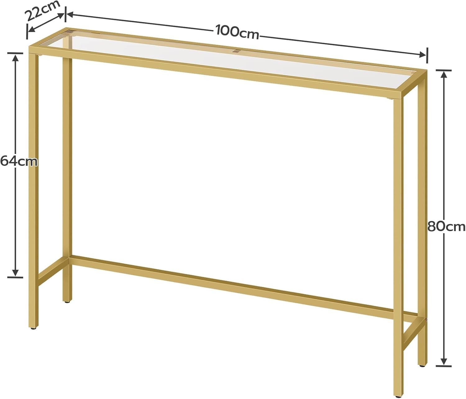 Slim Gold Console Table with Tempered Glass, Adjustable Feet, 100x22x80 cm