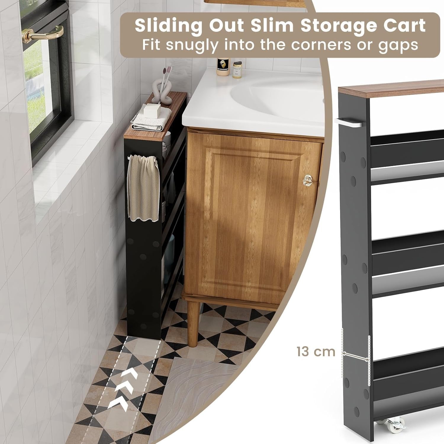 Slim Storage Trolley on Wheels 4 Tier Slide Out Kitchen Bathroom Organizer