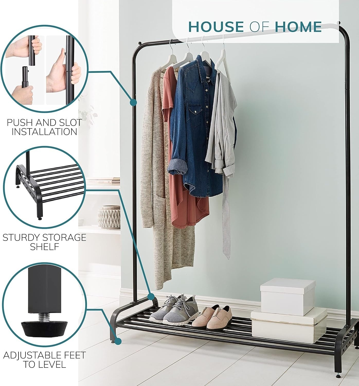 Heavy Duty Metal Clothes Rail with Shoe Rack Black 160cm