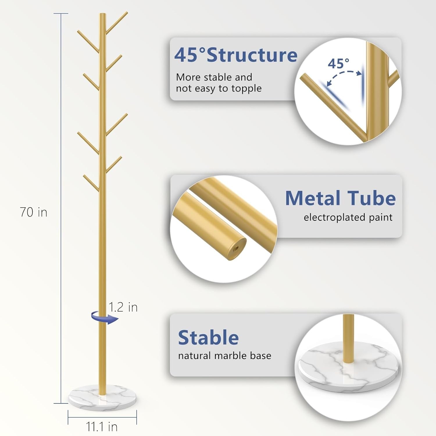 Gold Metal Coat Rack with Marble Base | 8 Hooks Freestanding Modern Hall Stand