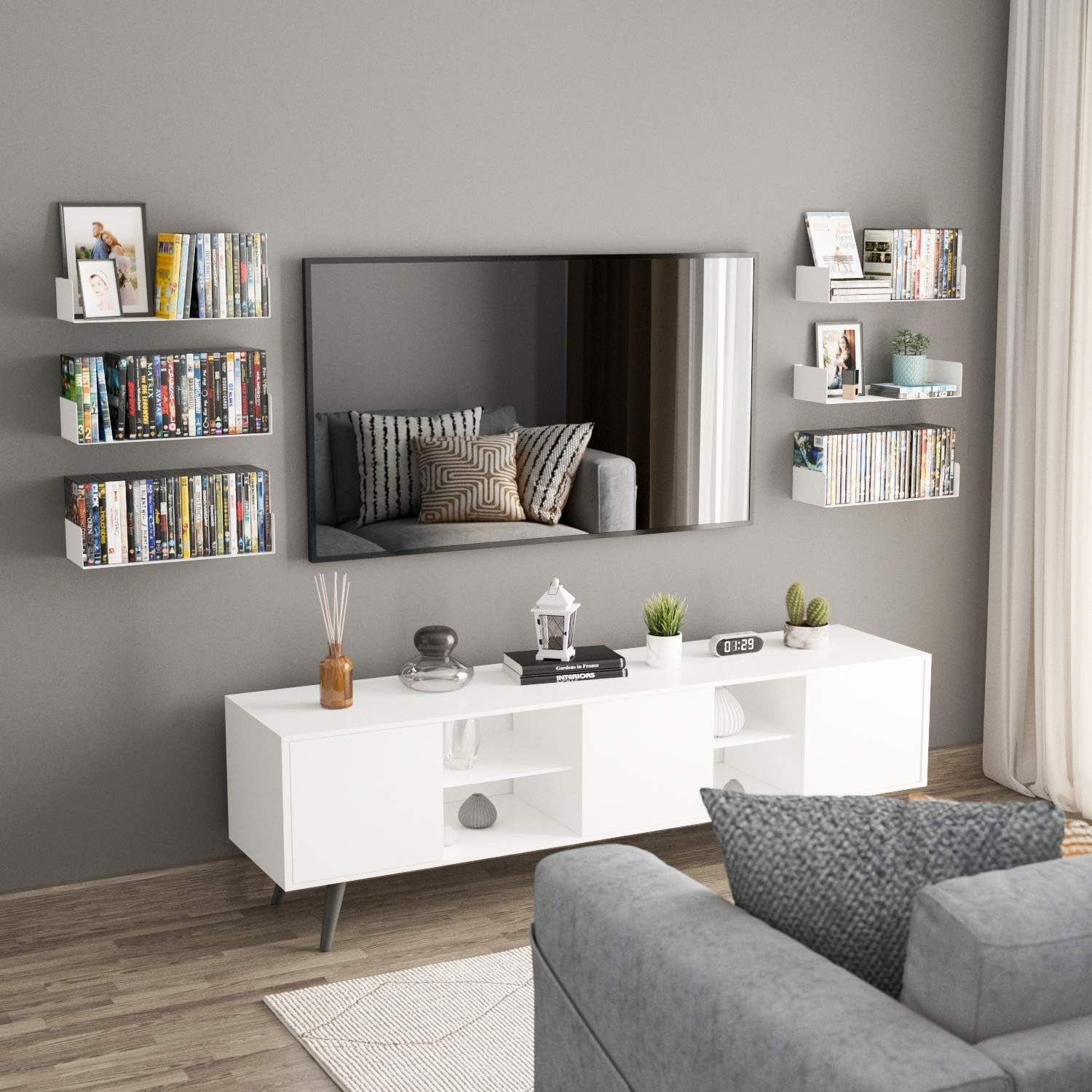White Floating Wall Shelves Set of 6 CD DVD Storage Metal Bookshelf