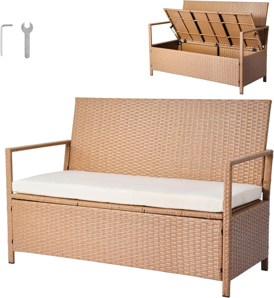 Outdoor 2-Person Storage Bench with Cushion – Weatherproof Rattan Deck Box