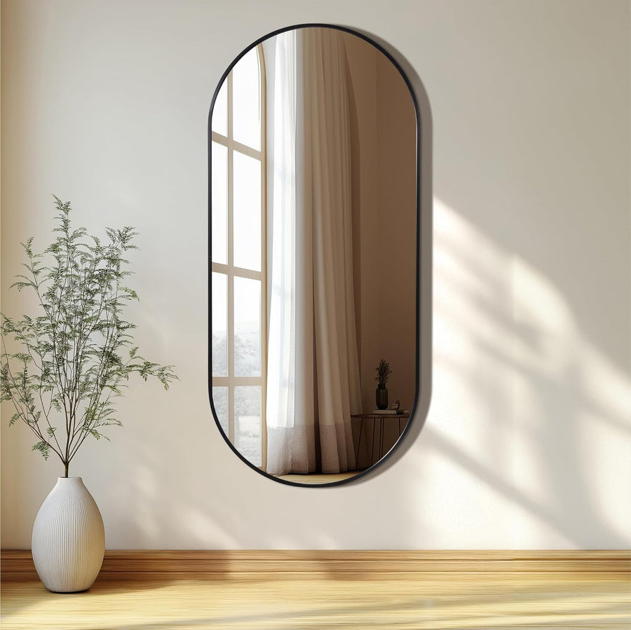 Large Oval Wall Mirror Full Length 110cm Black Frame for Bedroom Bathroom