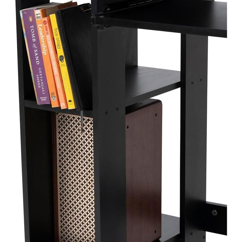 Compact Black Office Desk 90cm with Keyboard Tray & Shelves for PC Laptop