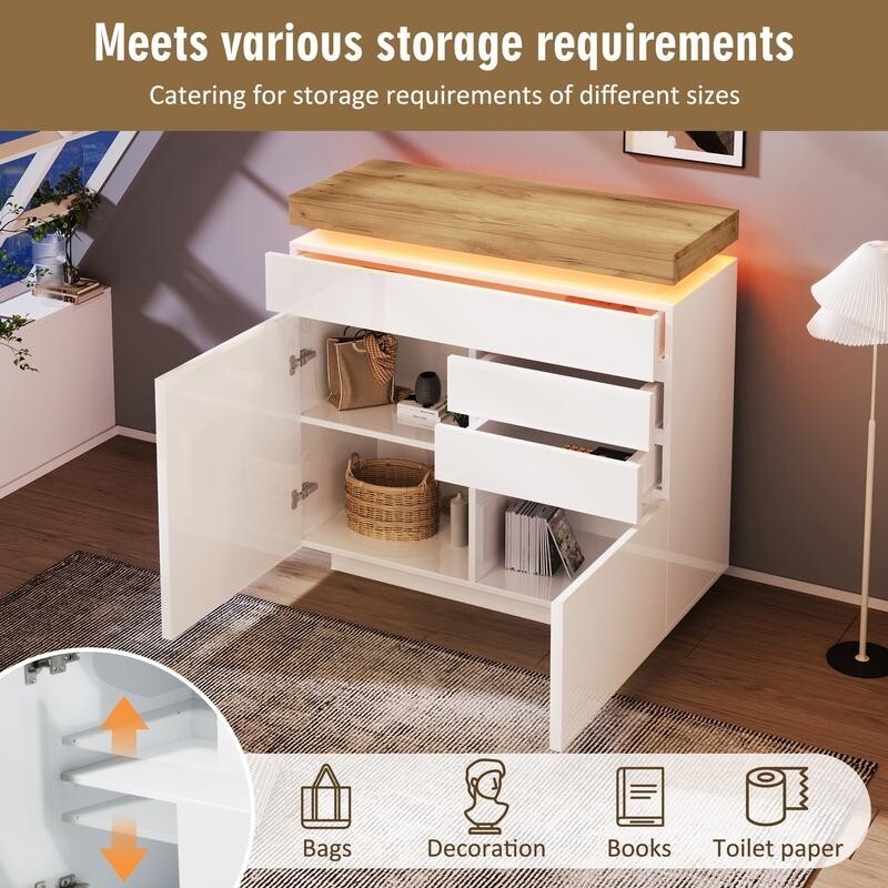 High Gloss Sideboard Cabinet with LED Lights, 2 Door 3 Drawer Storage