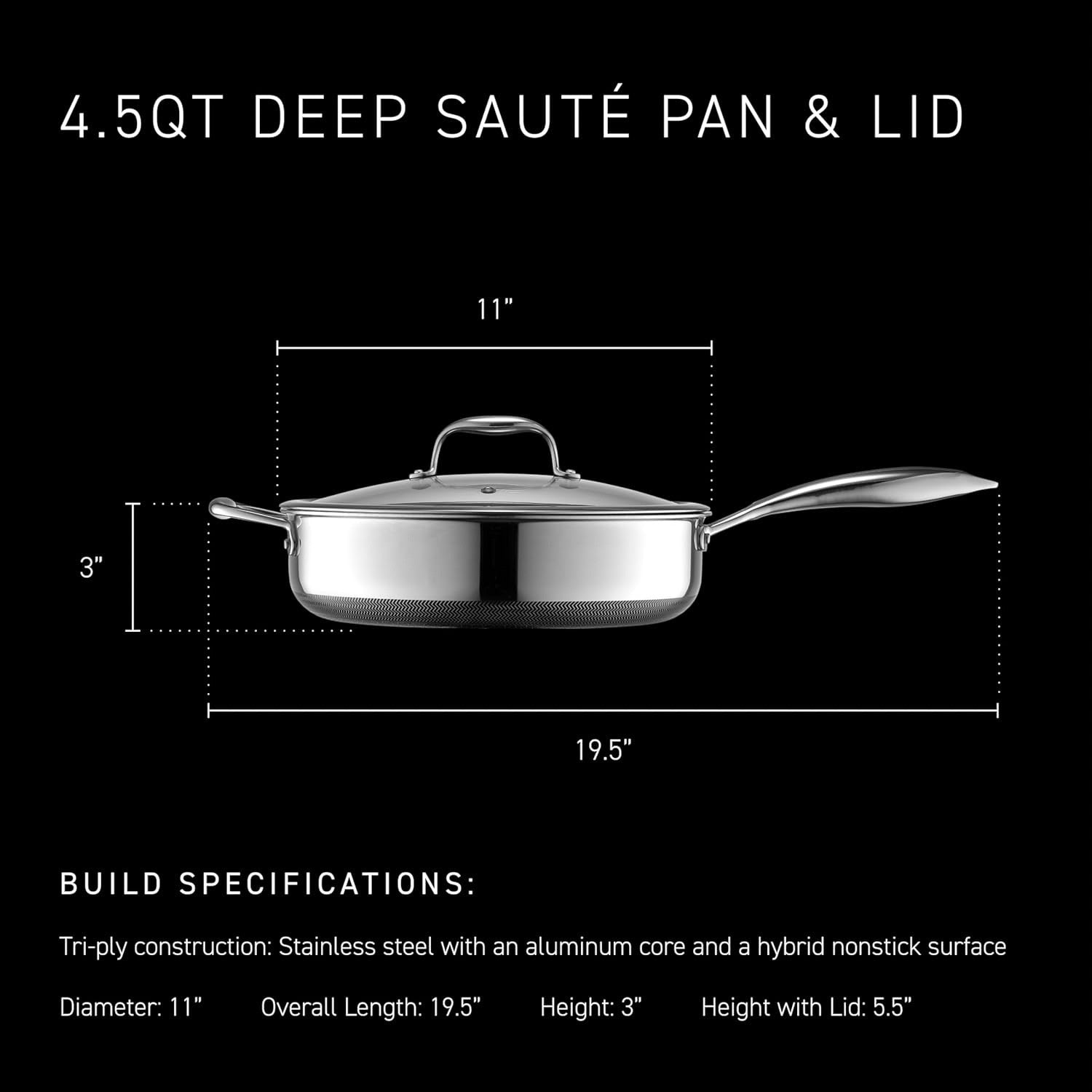 4L Deep Non Stick Sauté Pan with Lid – Induction & Oven Safe Stainless Steel