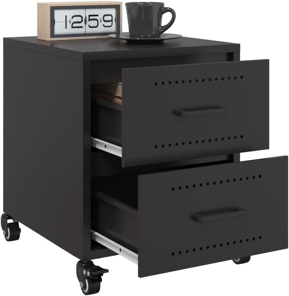 Set of 2 Black Metal Bedside Tables with Wheels | Modern Mobile Nightstands