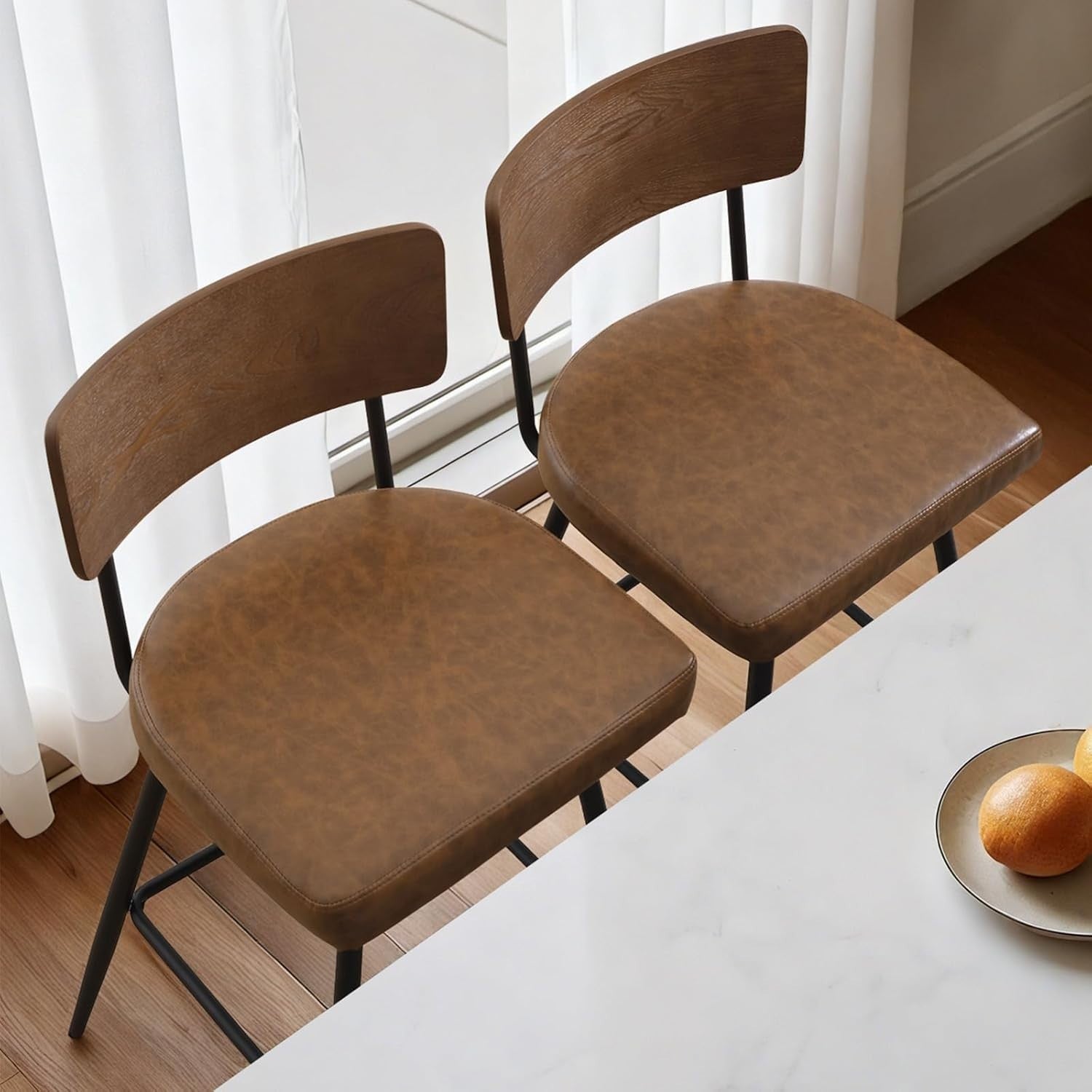 Swivel Bar Stools Set of 4 | PU Leather Counter Chairs Wood Back