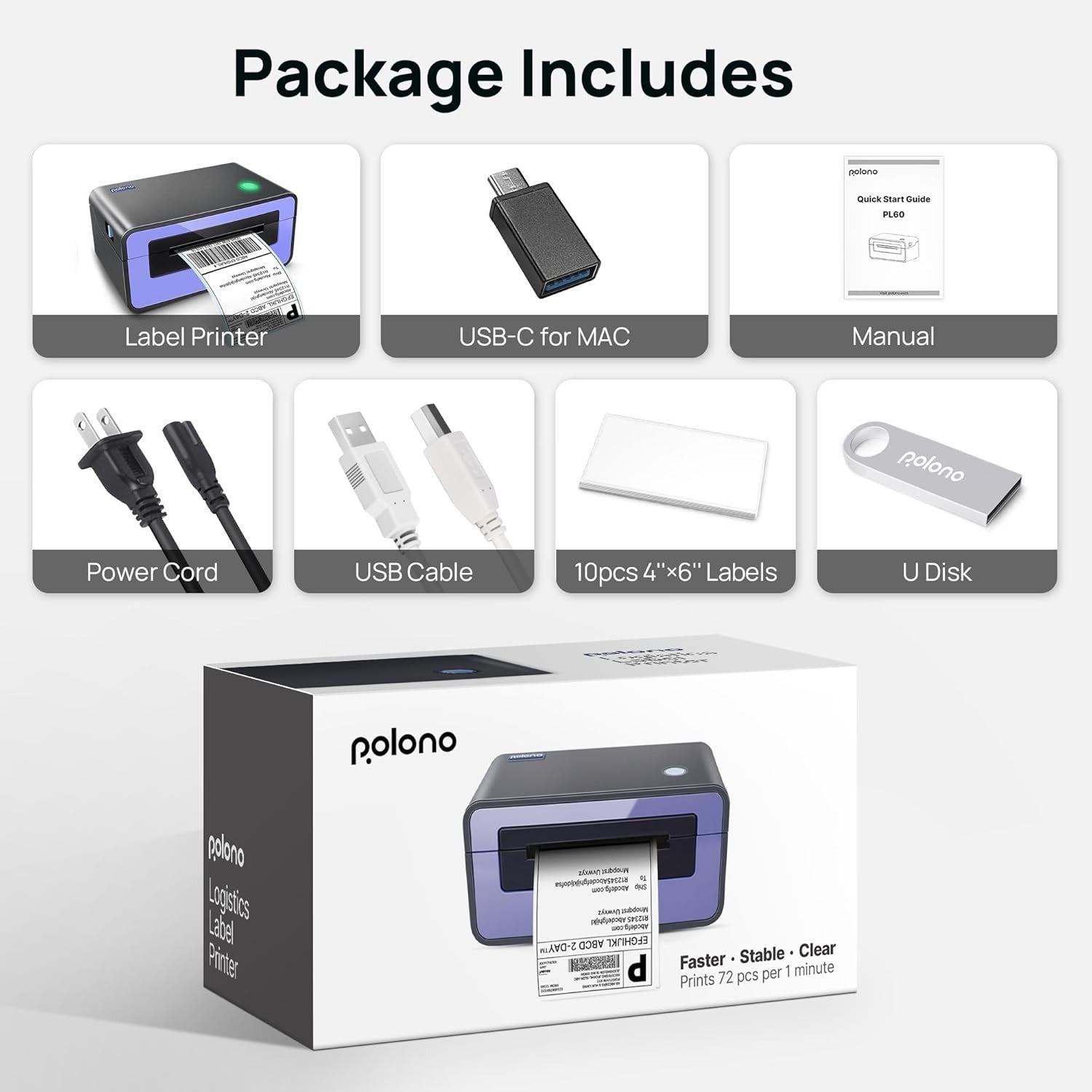 Purple 4x6 Thermal Shipping Label Printer USB High Speed 150mm/s Desktop