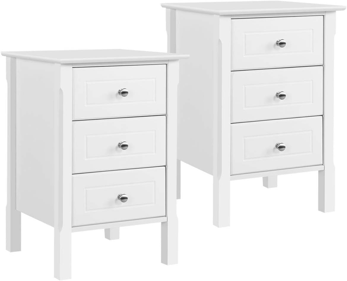 White Wooden Bedside Tables Set of 2 – 3 Drawer Nightstands