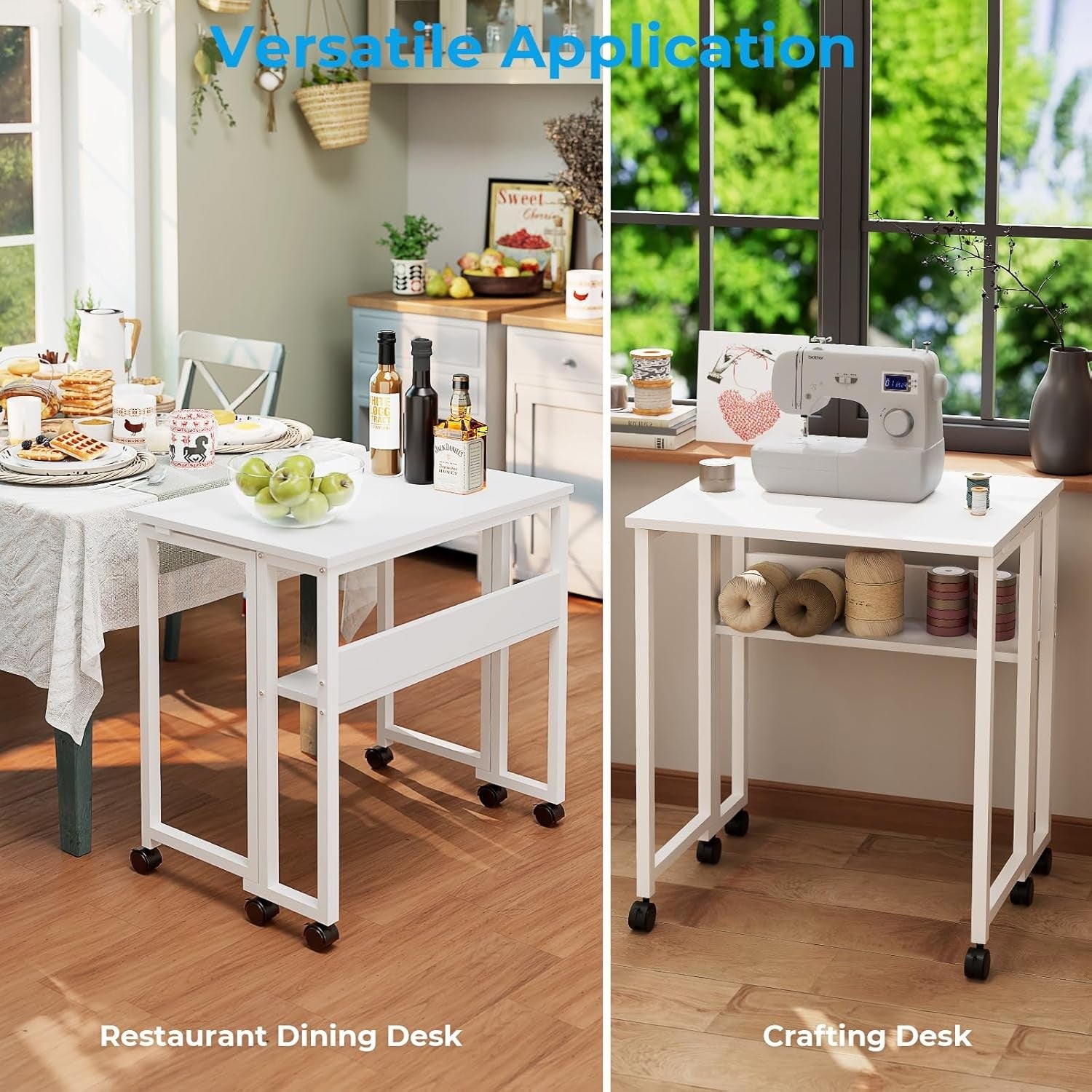 Folding Computer Desk on Wheels with Storage Shelf Space Saving White 63cm
