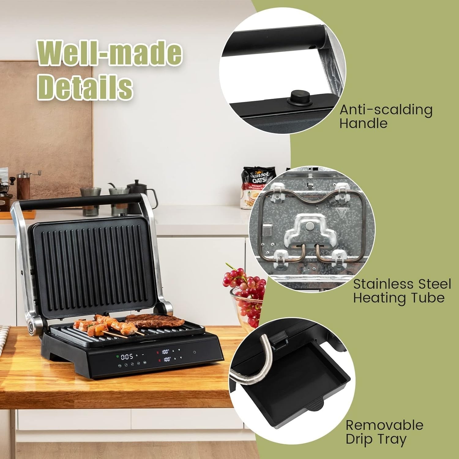 3-in-1 Panini Press Grill Sandwich Maker Detachable Plates Adjustable Temp