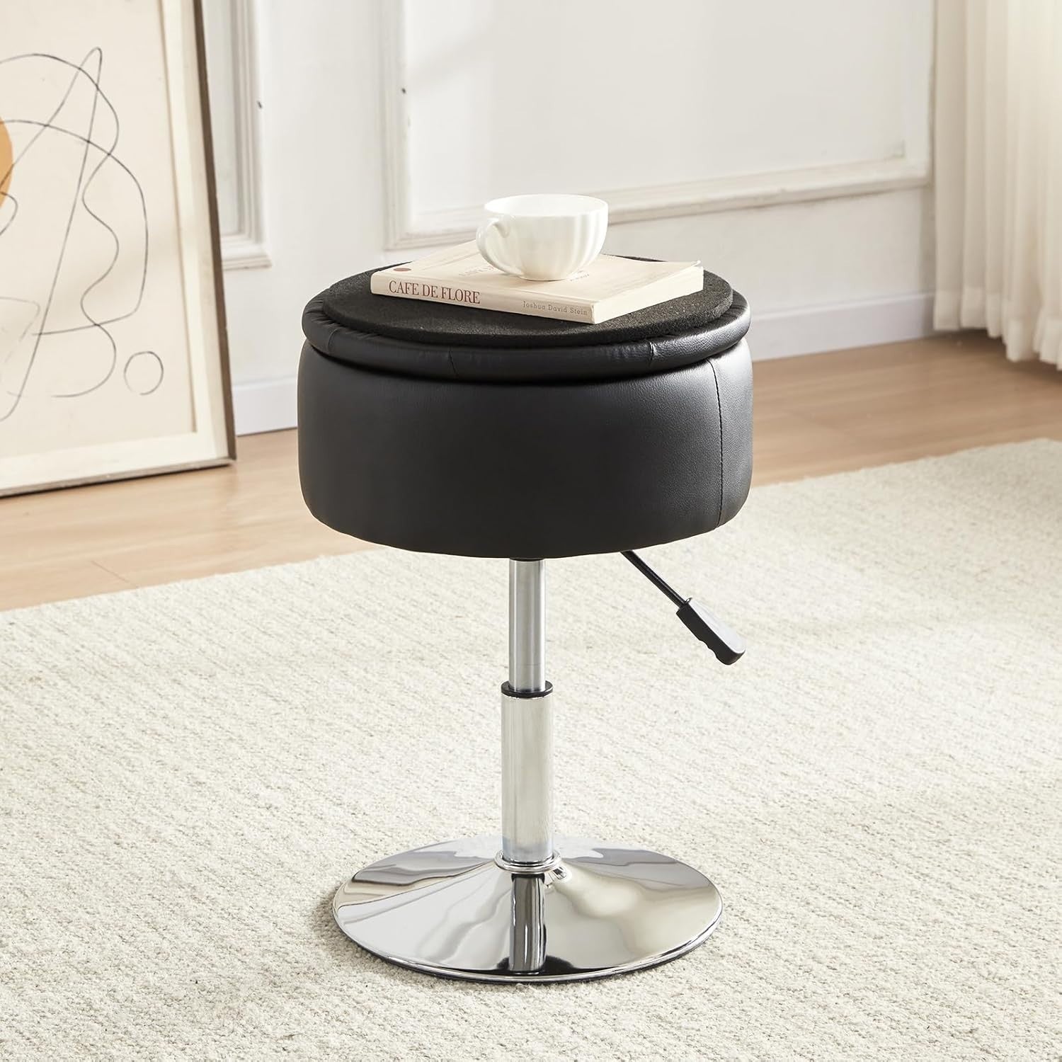 Black PU Leather Adjustable Vanity Chair – Round Swivel Makeup Stool w/ Storage