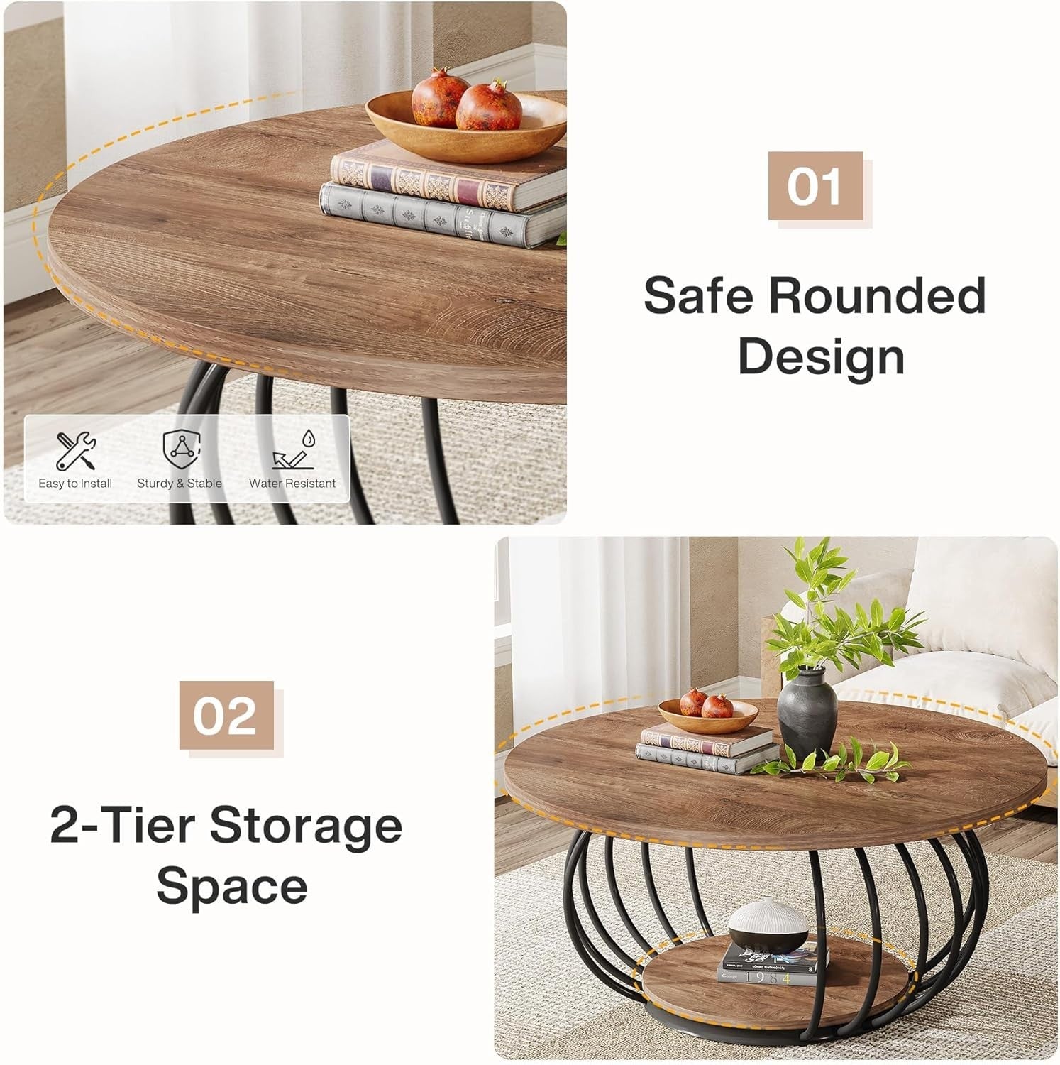 Round 2-Tier Coffee Table with Storage, Metal Frame & Wooden Grain Top