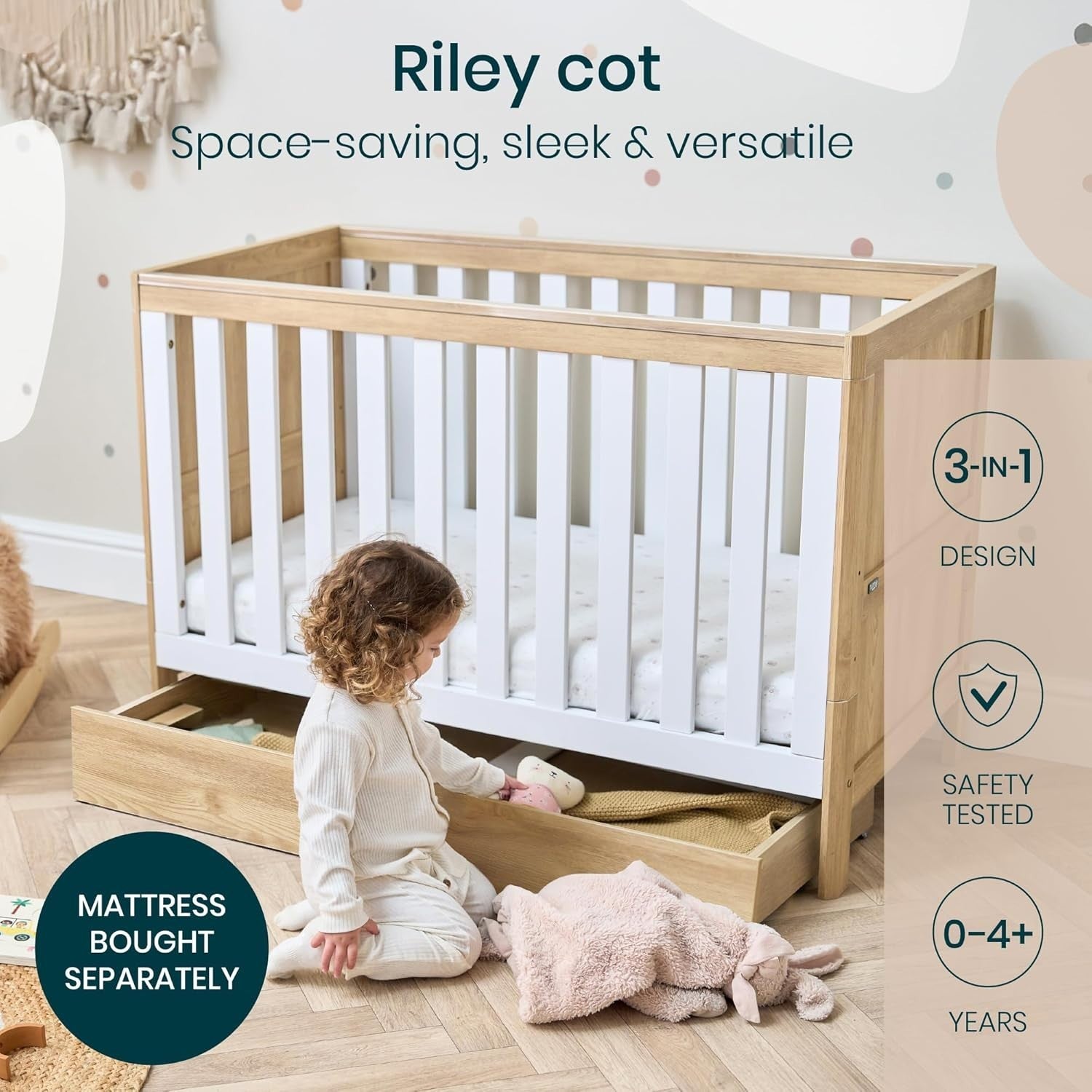 3in1 Mini Cot Bed with Drawer Toddler Sofa Adjustable Height Wooden Frame