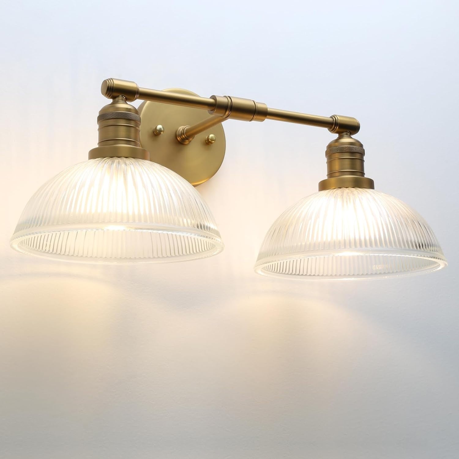 Industrial 2-Light Wall Sconce with Dome Ribbed Glass Shade, Dimmable