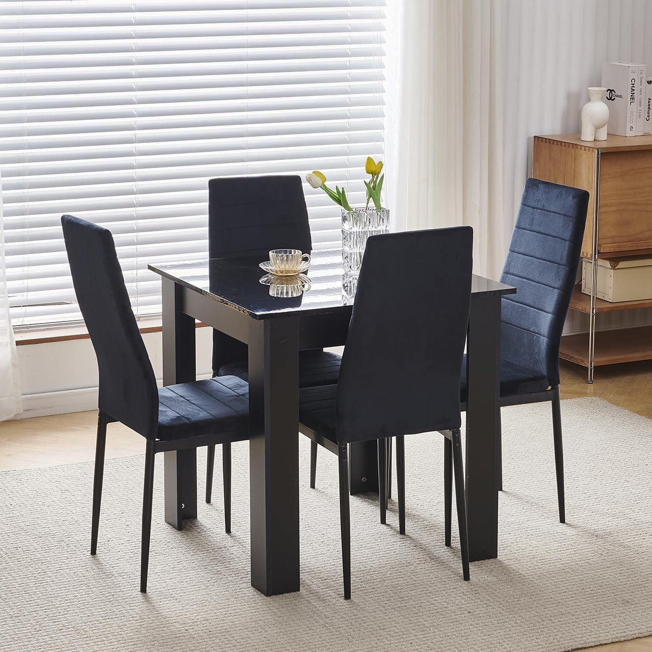 4 Chair Dining Table Set Velvet Black Space Saving Small Kitchen Home