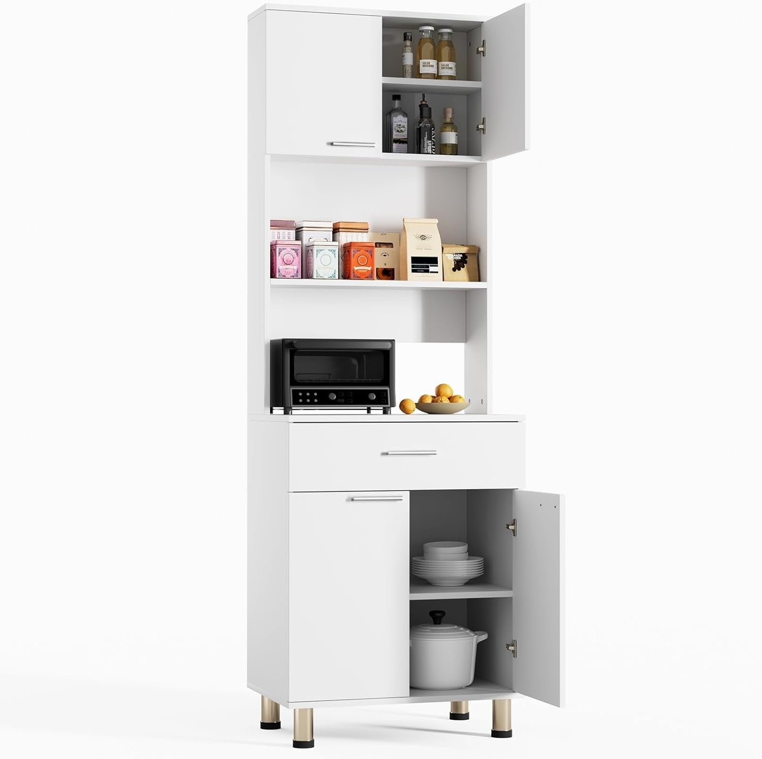 White 180cm Tall Kitchen Cupboard 2 Doors 1 Drawer Storage Sideboard