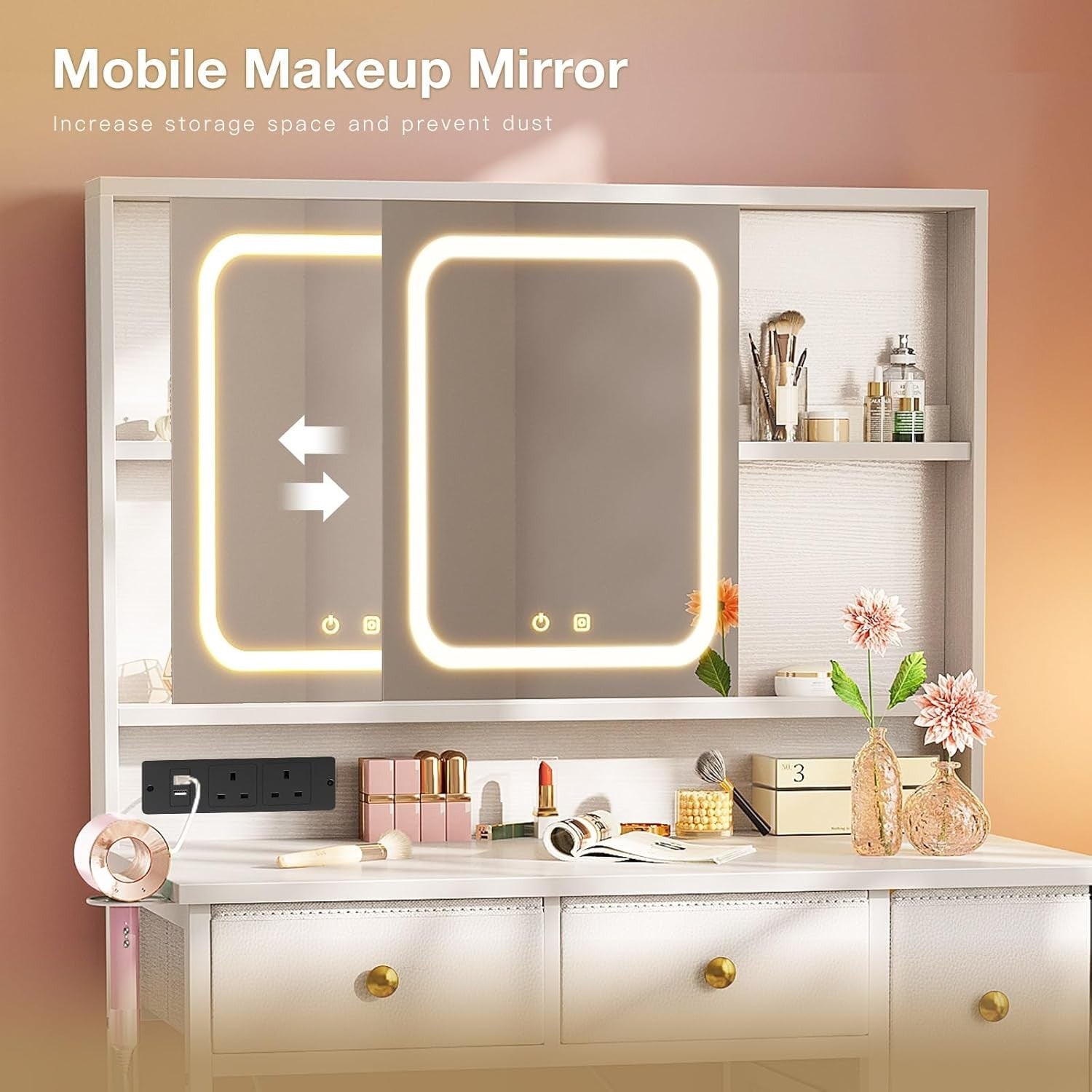 White LED Dressing Table Vanity Desk 5 Drawers RGB Power Outlet Makeup Storage
