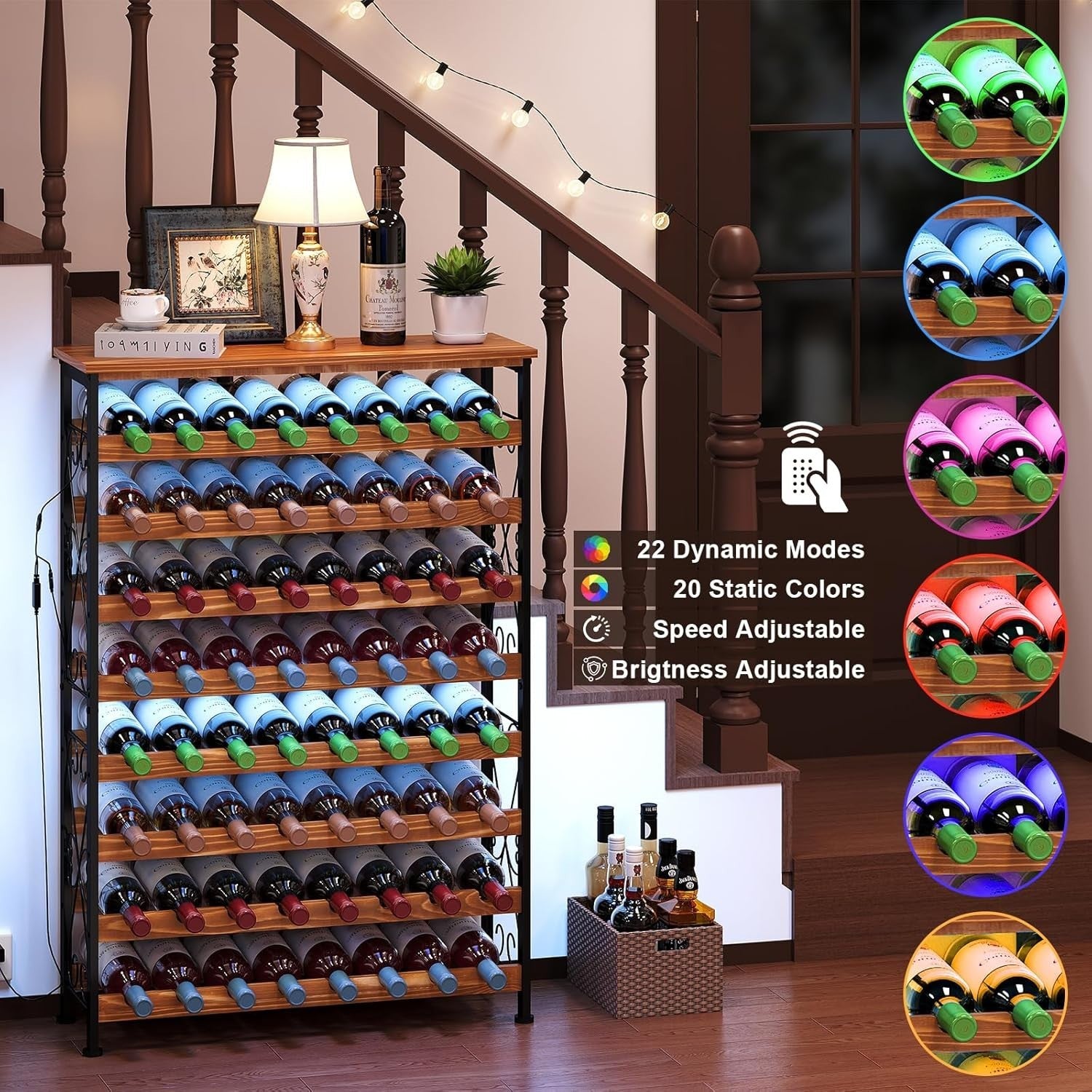 64 Bottle Wine Rack Freestanding with Wooden Top LED Display Shelf Home Bar