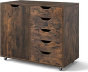 Mobile 5 Drawer File Cabinet with Side Cupboard Rolling Office Storage