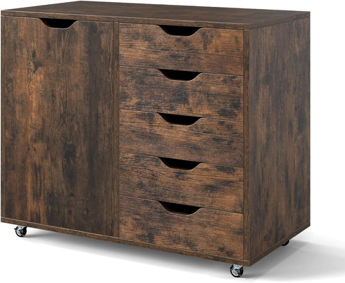 Mobile 5 Drawer File Cabinet with Side Cupboard Rolling Office Storage