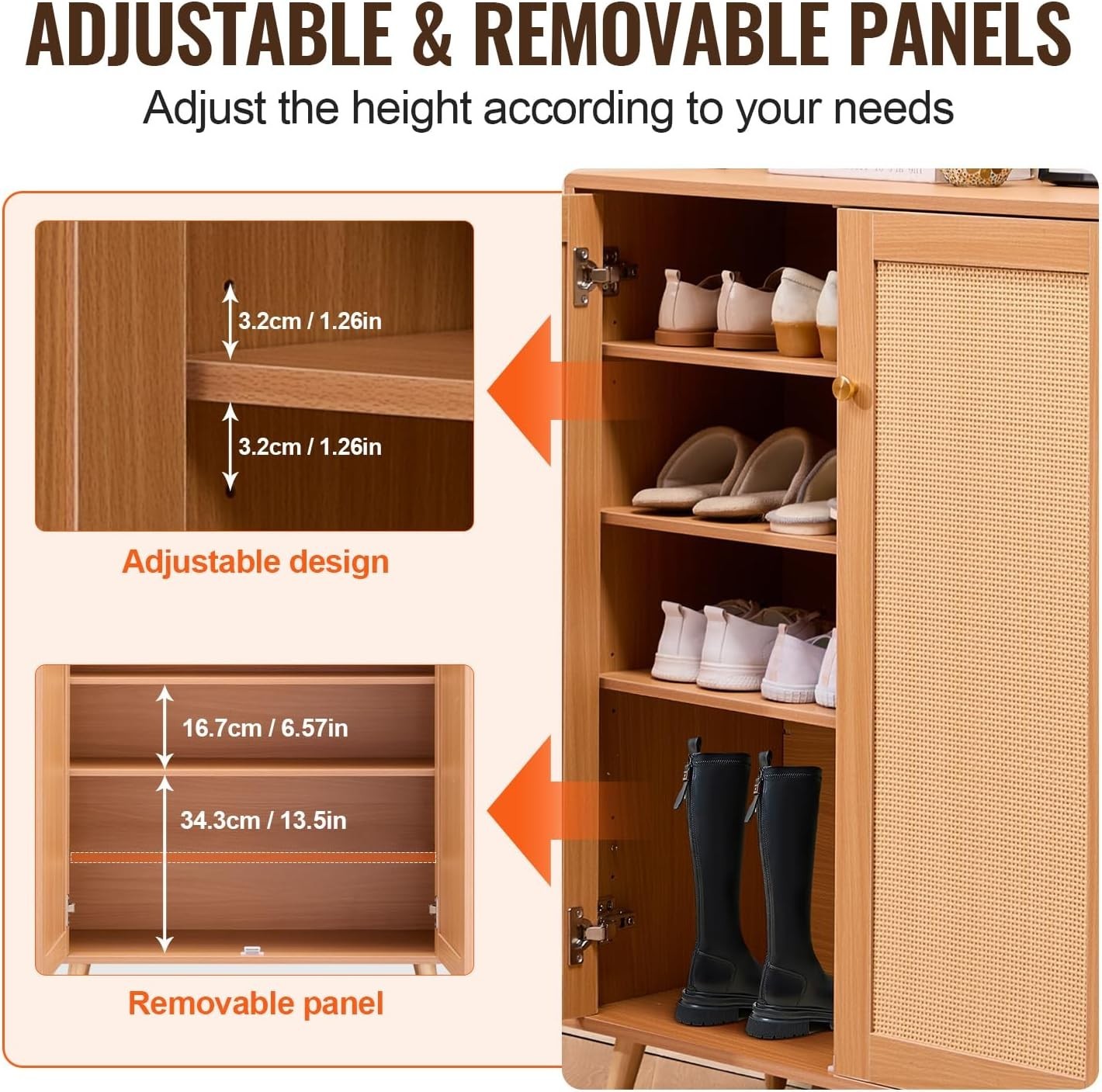 Rattan Shoe Cabinet 5 Tier Storage with Doors & Adjustable Shelves 80x34x102cm