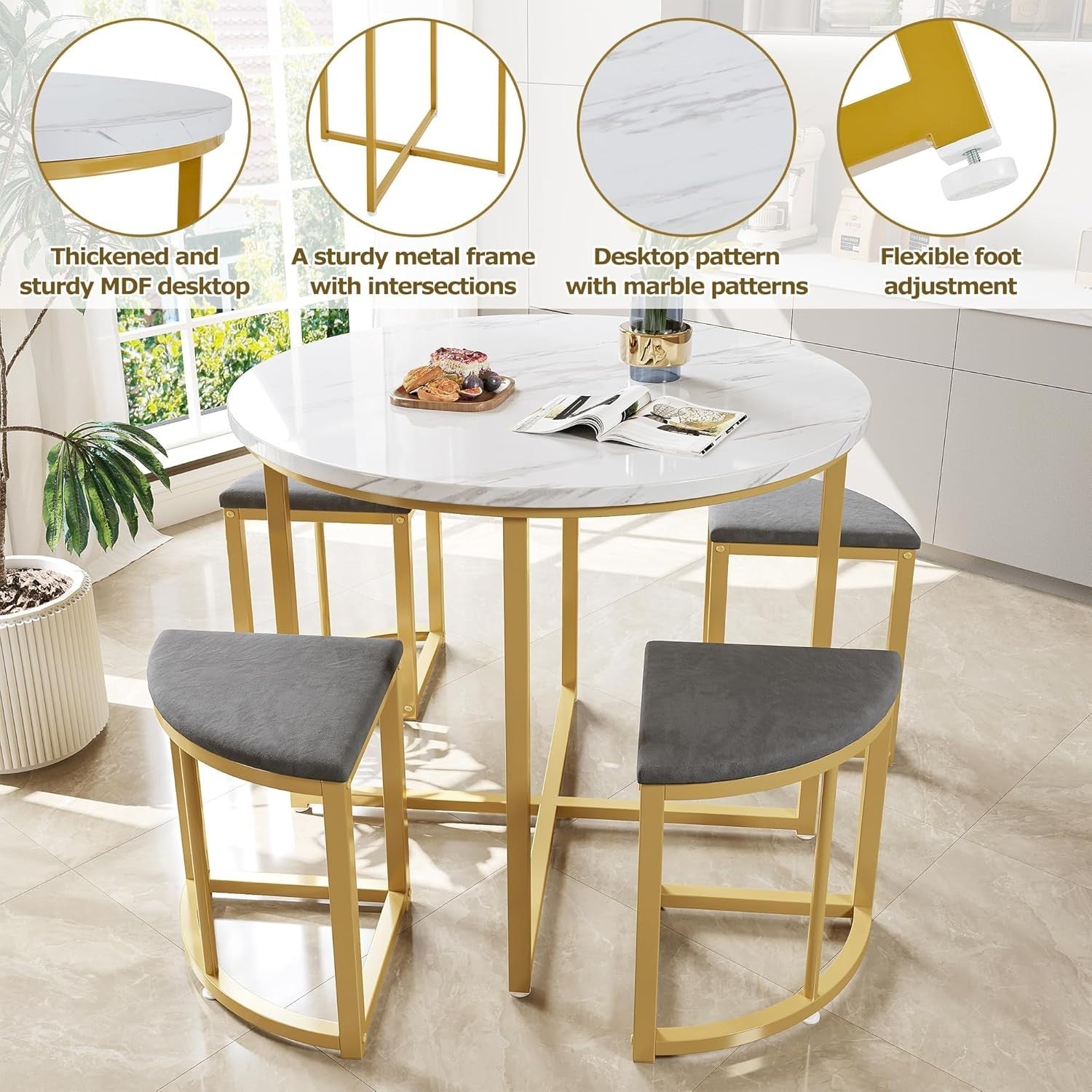Round Marble Dining Table Set 4 Semi-Circular Stools Space-Saving Chairs