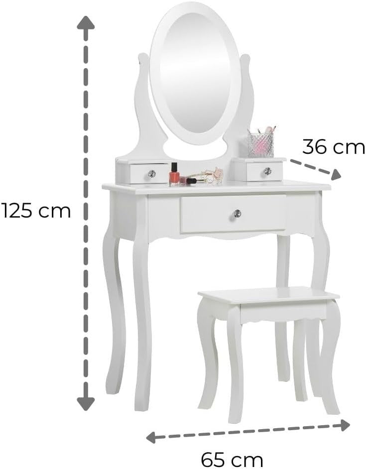 Kids White Wooden Dressing Table with Mirror & Stool Girls Vanity Set
