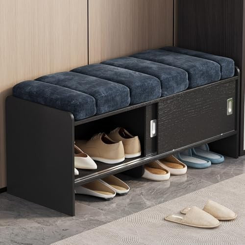 43.3" Modern Entryway Shoe Storage Bench with Sliding Doors, Blue