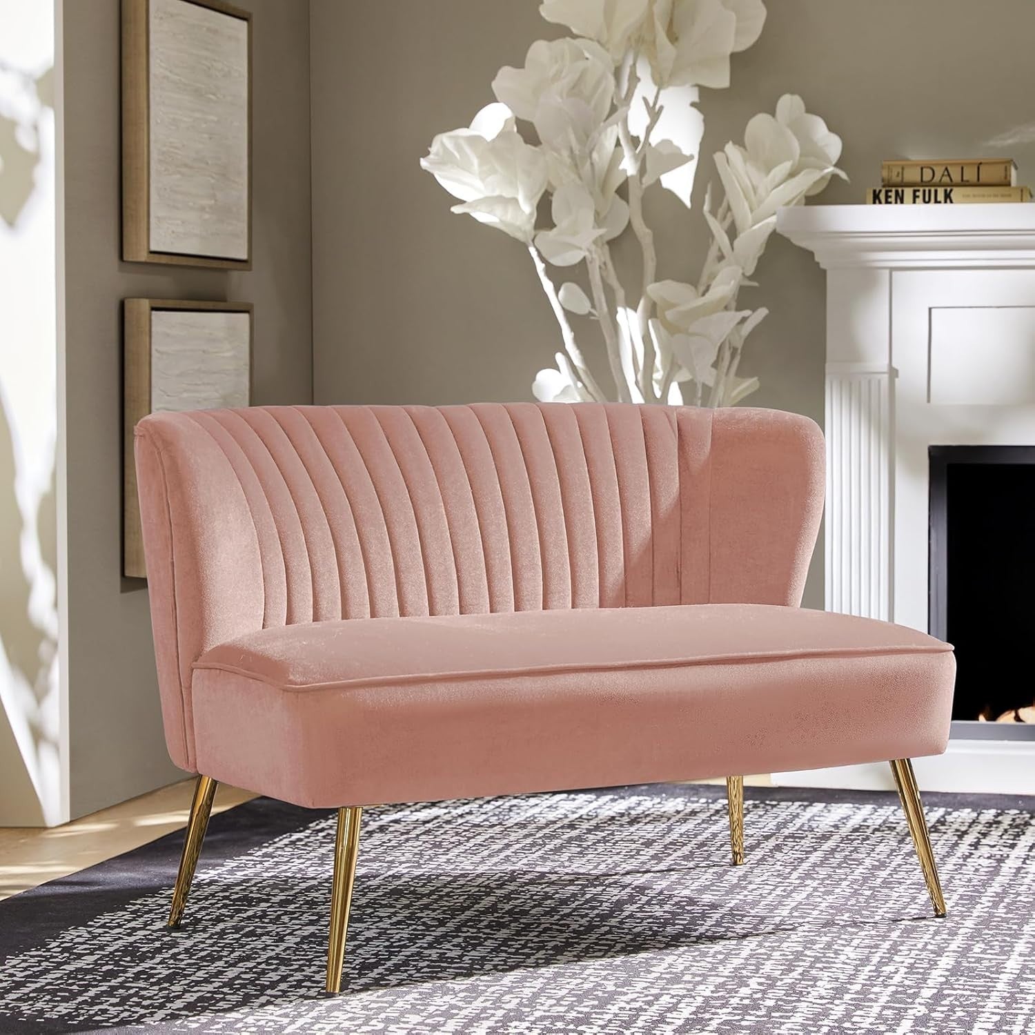 Pink Velvet 2 Seater Sofa Armless Loveseat Gold Legs for Lounge or Flat