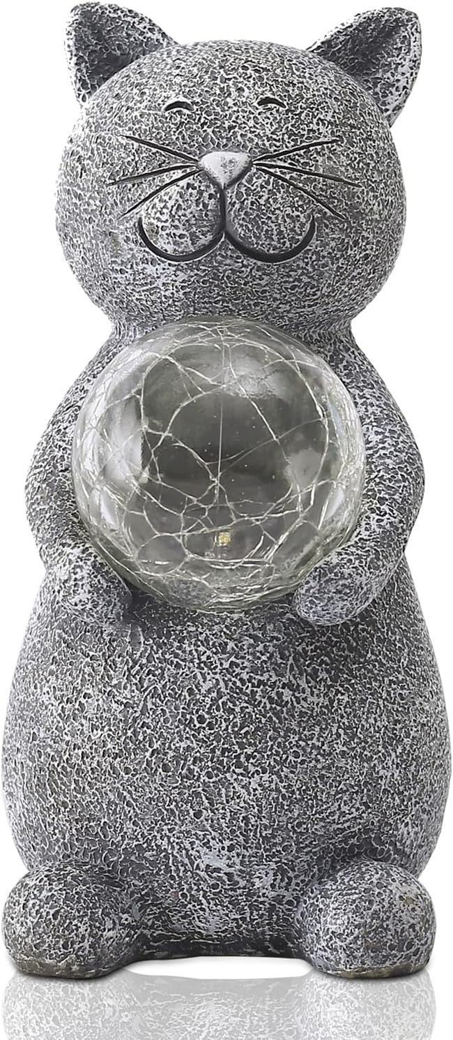 Solar Cat Garden Ornament with Glowing Ball – Waterproof Resin Decor Light