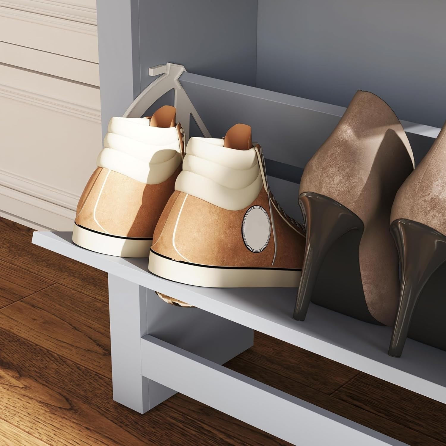 Modern Grey Shoe Storage Cabinet – 2 Flip Drawers, Adjustable Shelf, 12 Pair