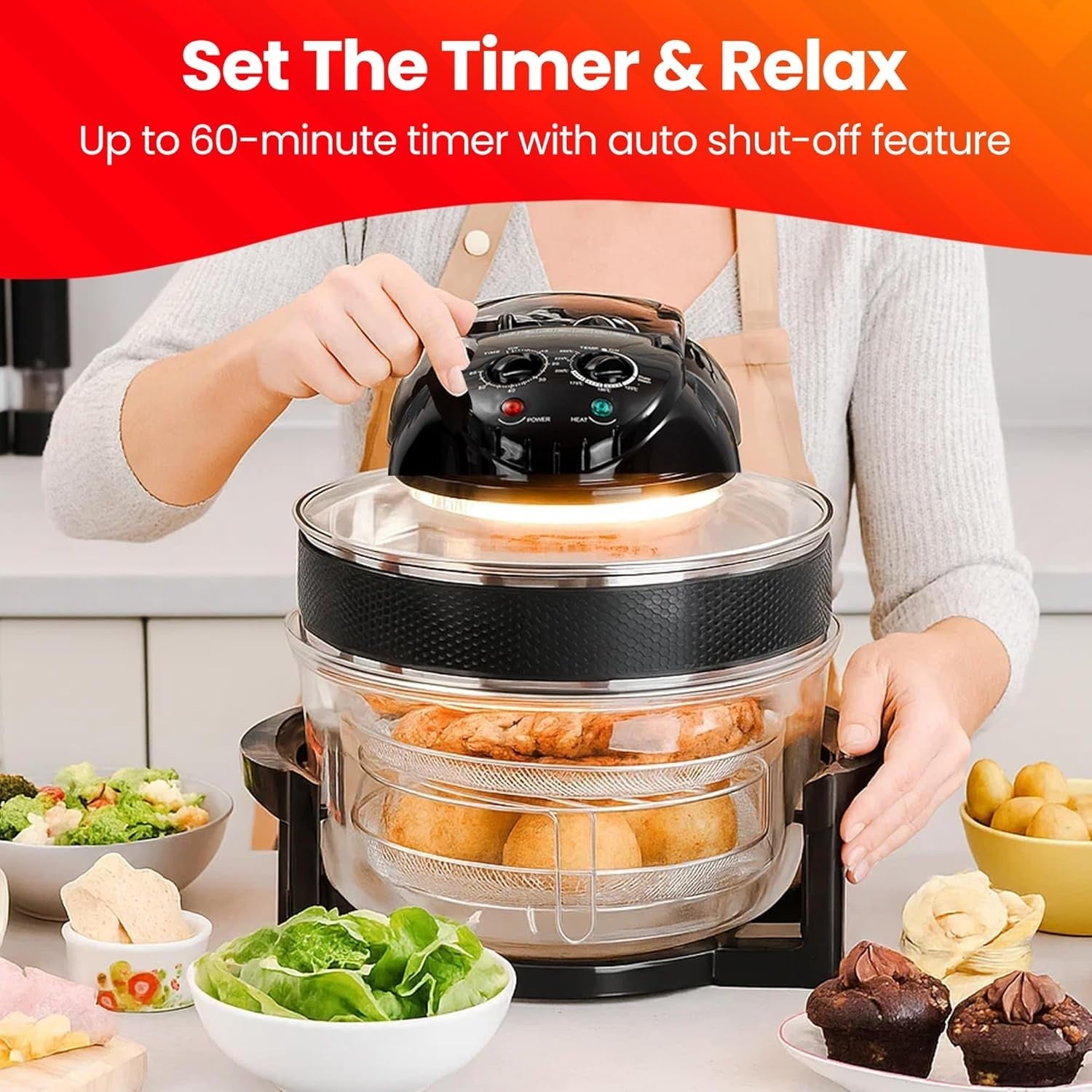 12–17L Halogen Air Fryer Oven | Glass Bowl | Extender Ring | Adjustable Temp