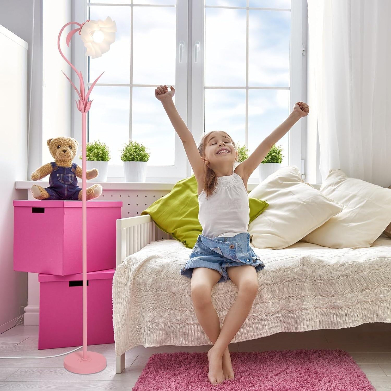 Pink Flower Floor Lamp Modern Standing Light Foot Switch Bedroom Living Room